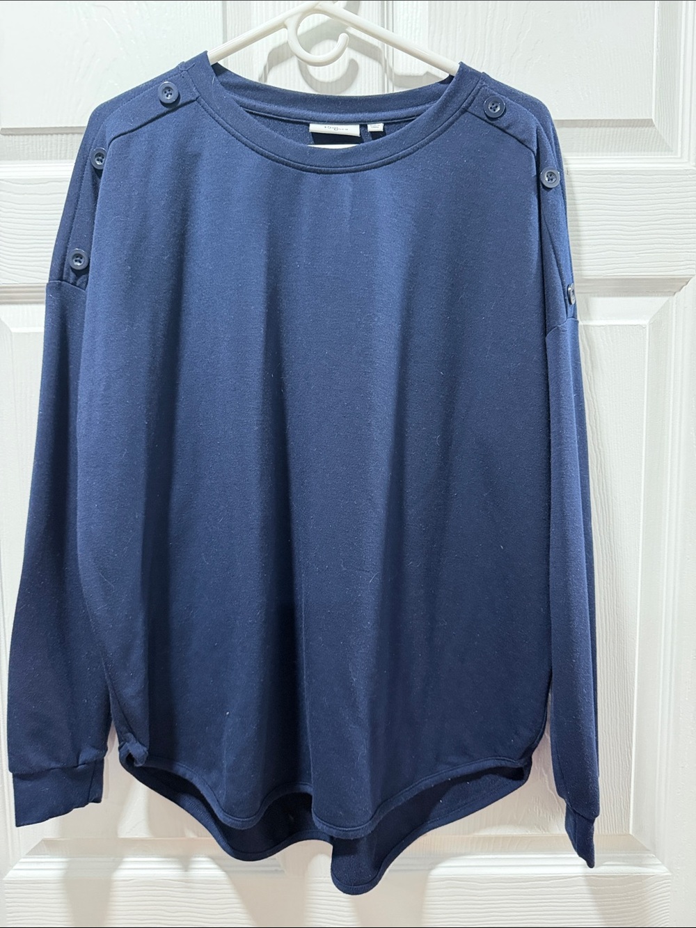 Kim Rogers Navy Button-Shoulder Crewneck Pullover